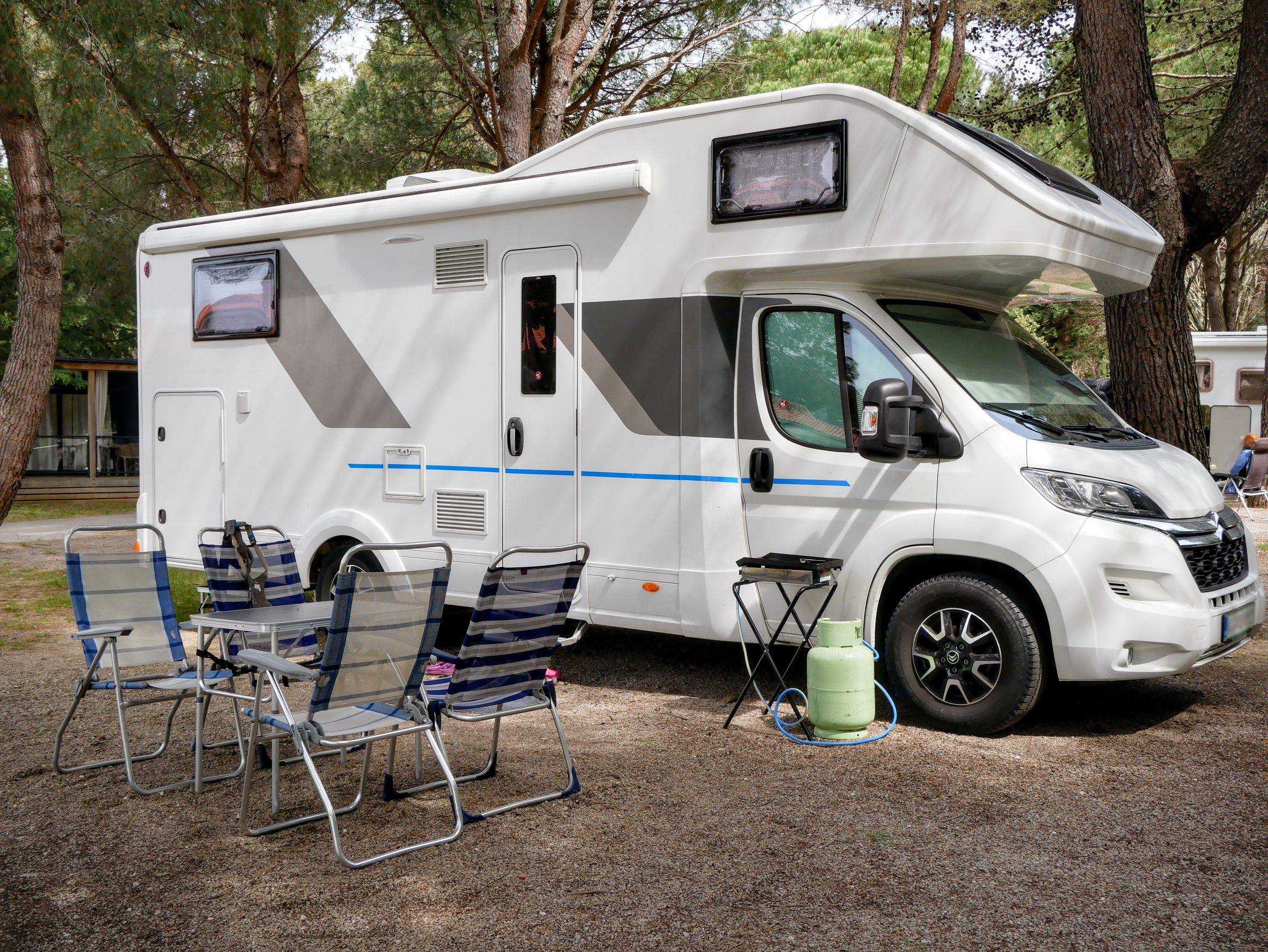 Motorhome parked beneath trees at a campsite